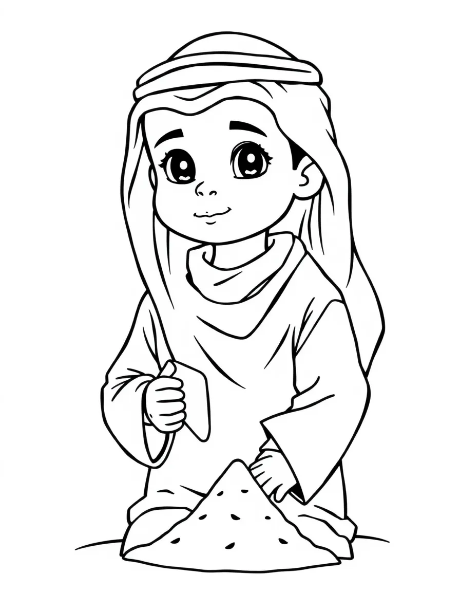A Saudi Arabian boy in a plain thobe, with a small sand toy.