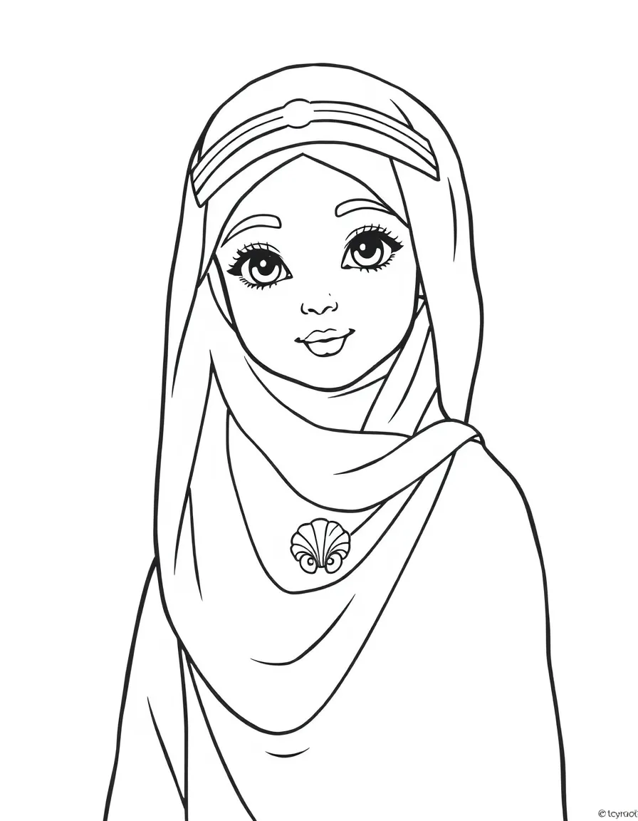 An Omani girl in a plain dishdasha, with a small seashell.