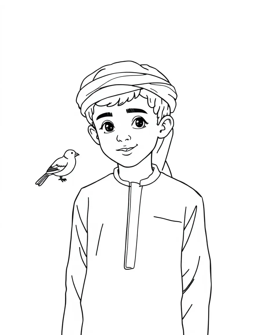A Yemeni boy in a plain traditional shirt, with a small bird.