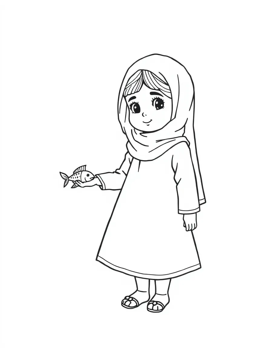 An Iraqi girl in a plain traditional dress, with a small toy fish.