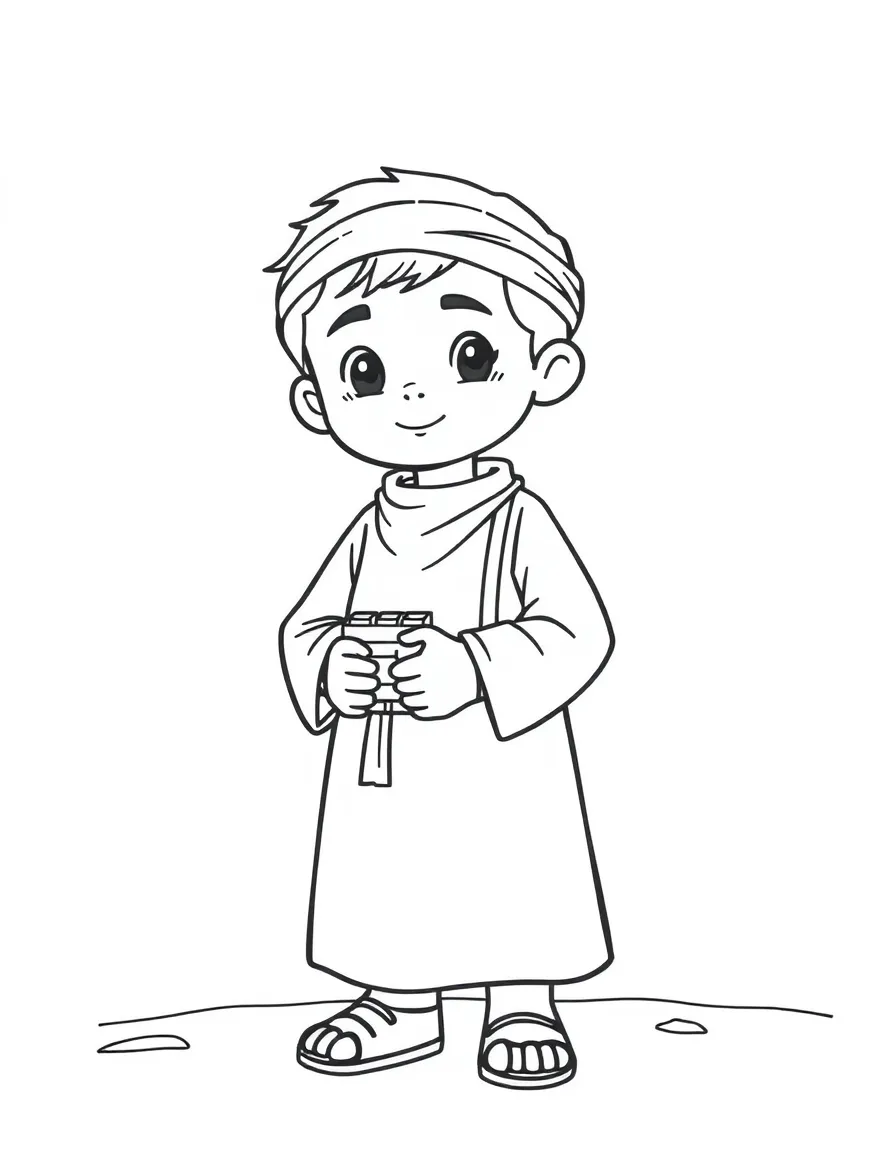 A Syrian boy in a plain traditional outfit, with a small building block.