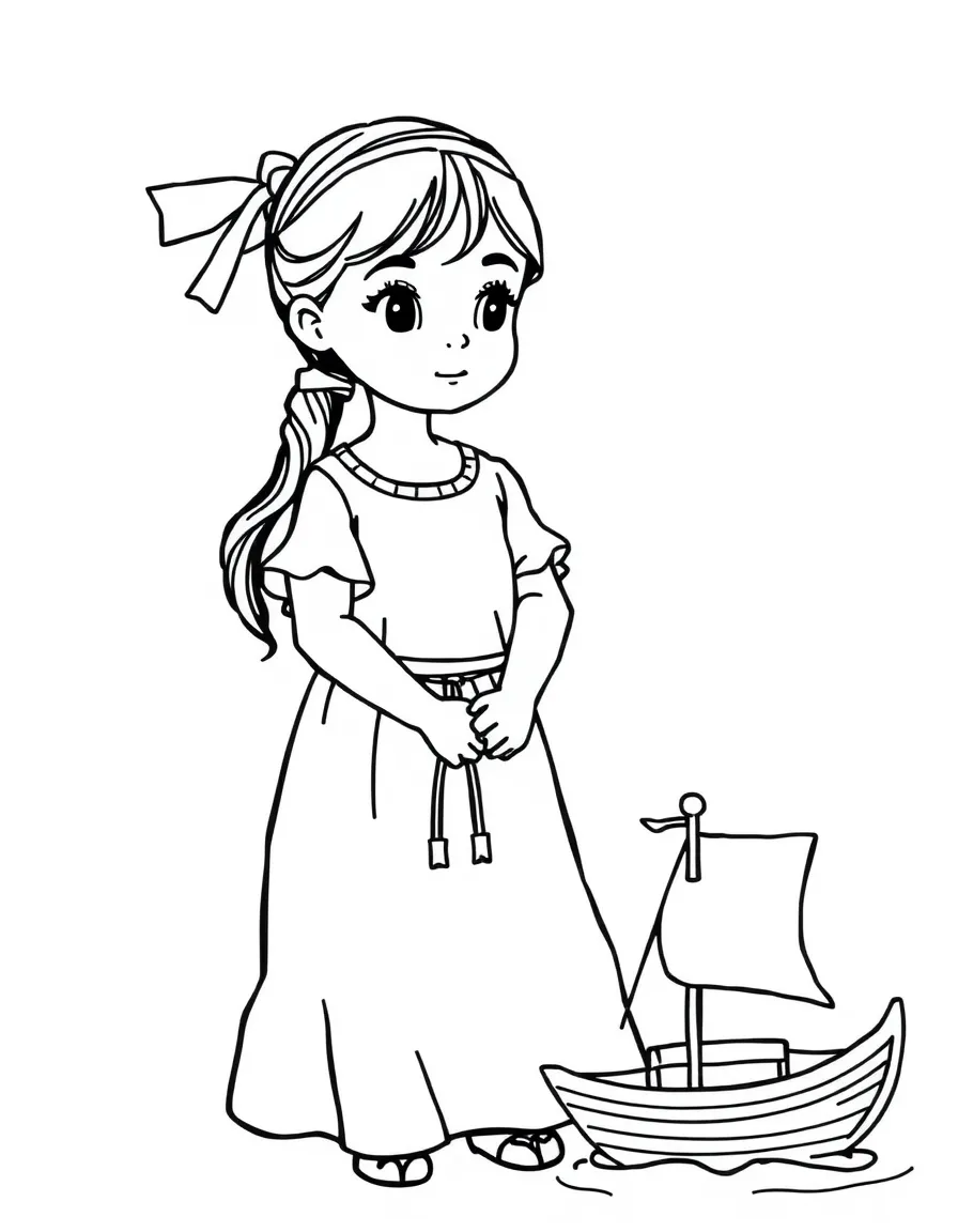 A Lebanese girl in a plain traditional dress, with a small toy boat.