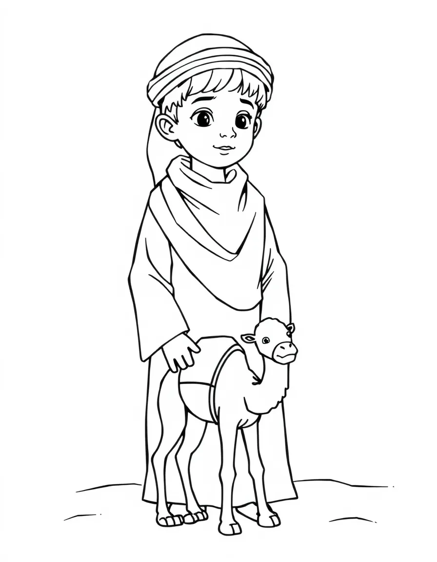 A Jordanian boy in a plain thobe, with a small toy camel.