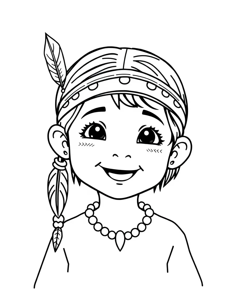 A happy Native American child with a single feather in their hair, wearing a simple beaded necklace.