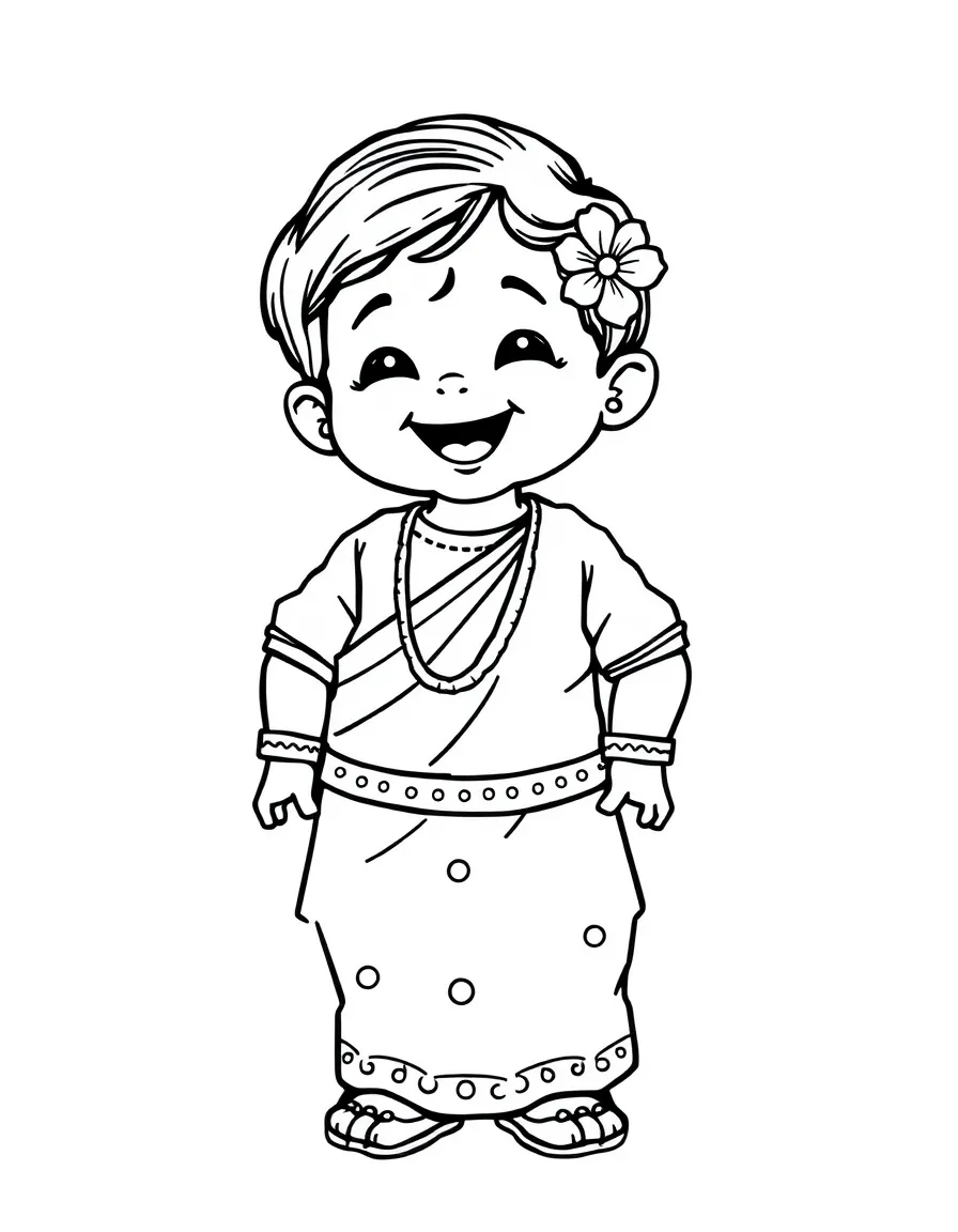 A joyful Indian child in a yellow salwar kameez, with a small flower in their hair.