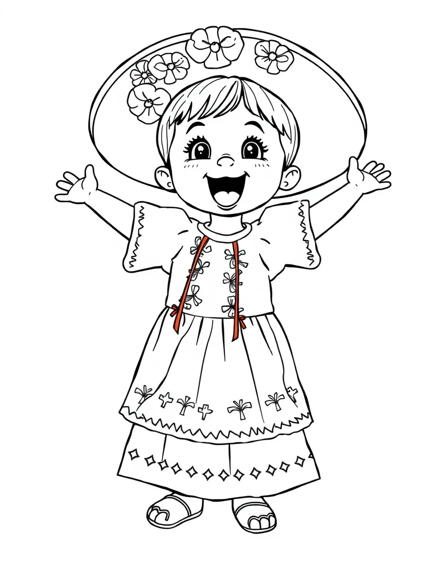 An excited Mexican child in a white embroidered dress with colorful ribbons.