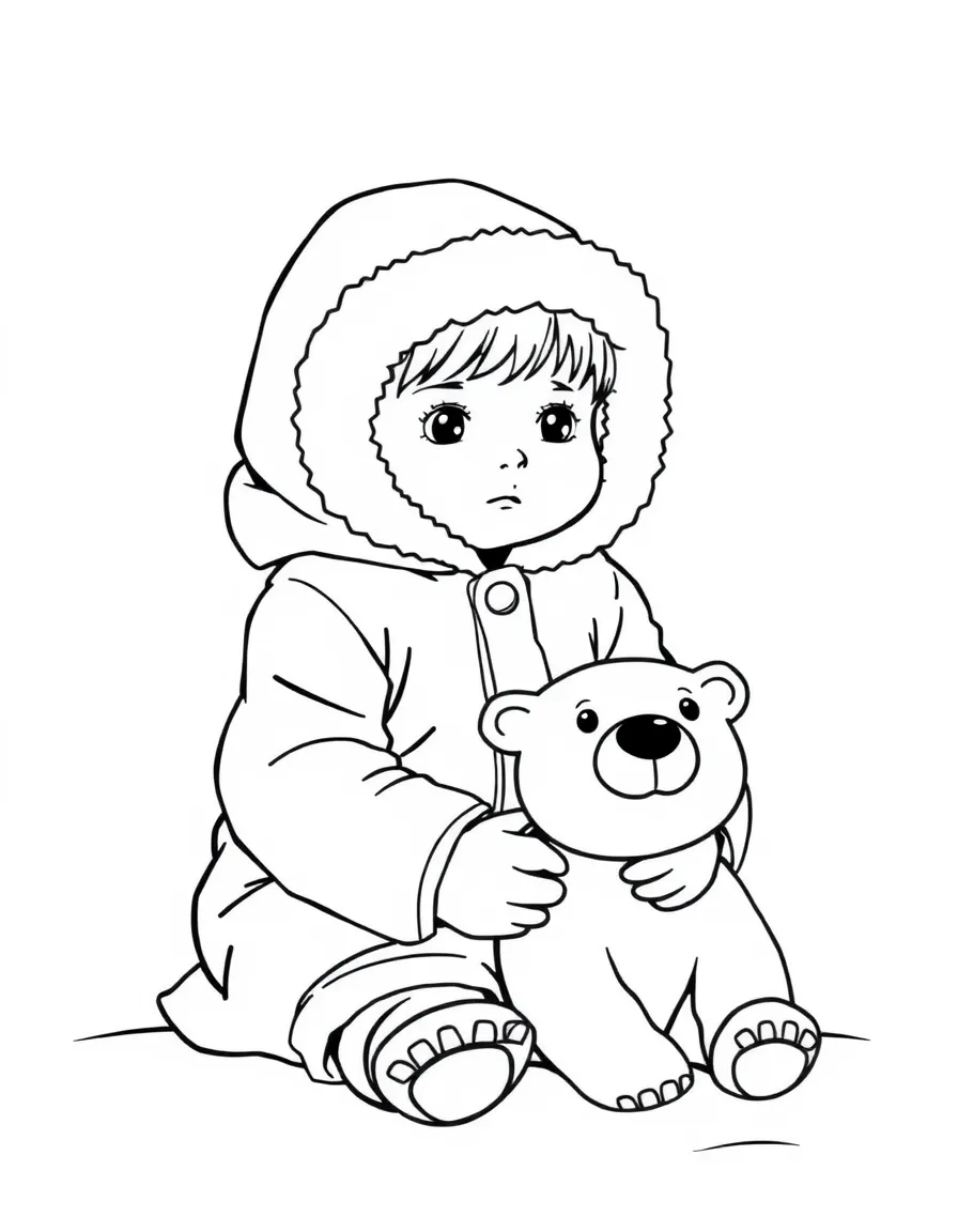 An Inuit child in a plain brown parka, playing with a toy polar bear.