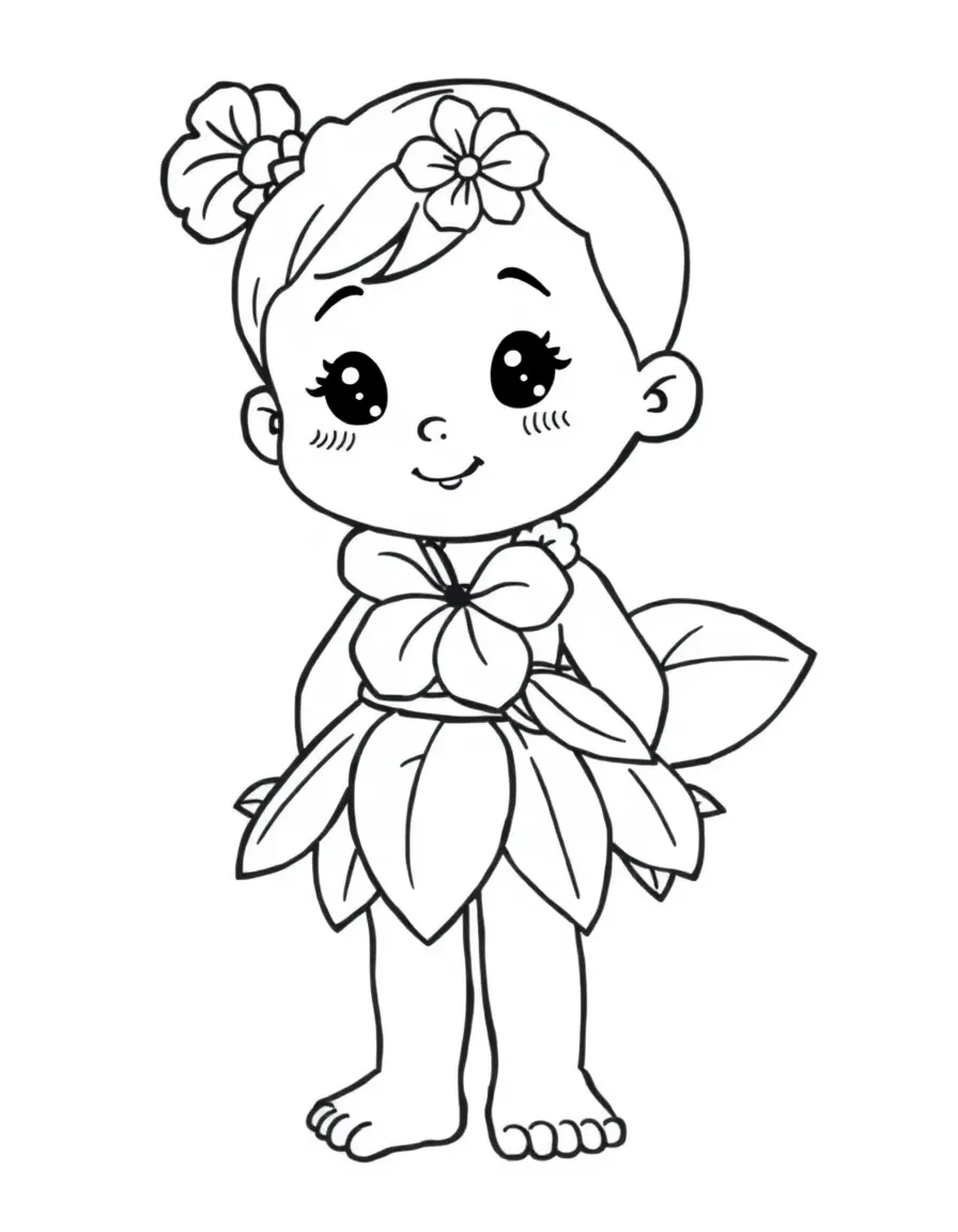 A Hawaiian child with a single hibiscus flower, wearing a simple green leaf skirt.