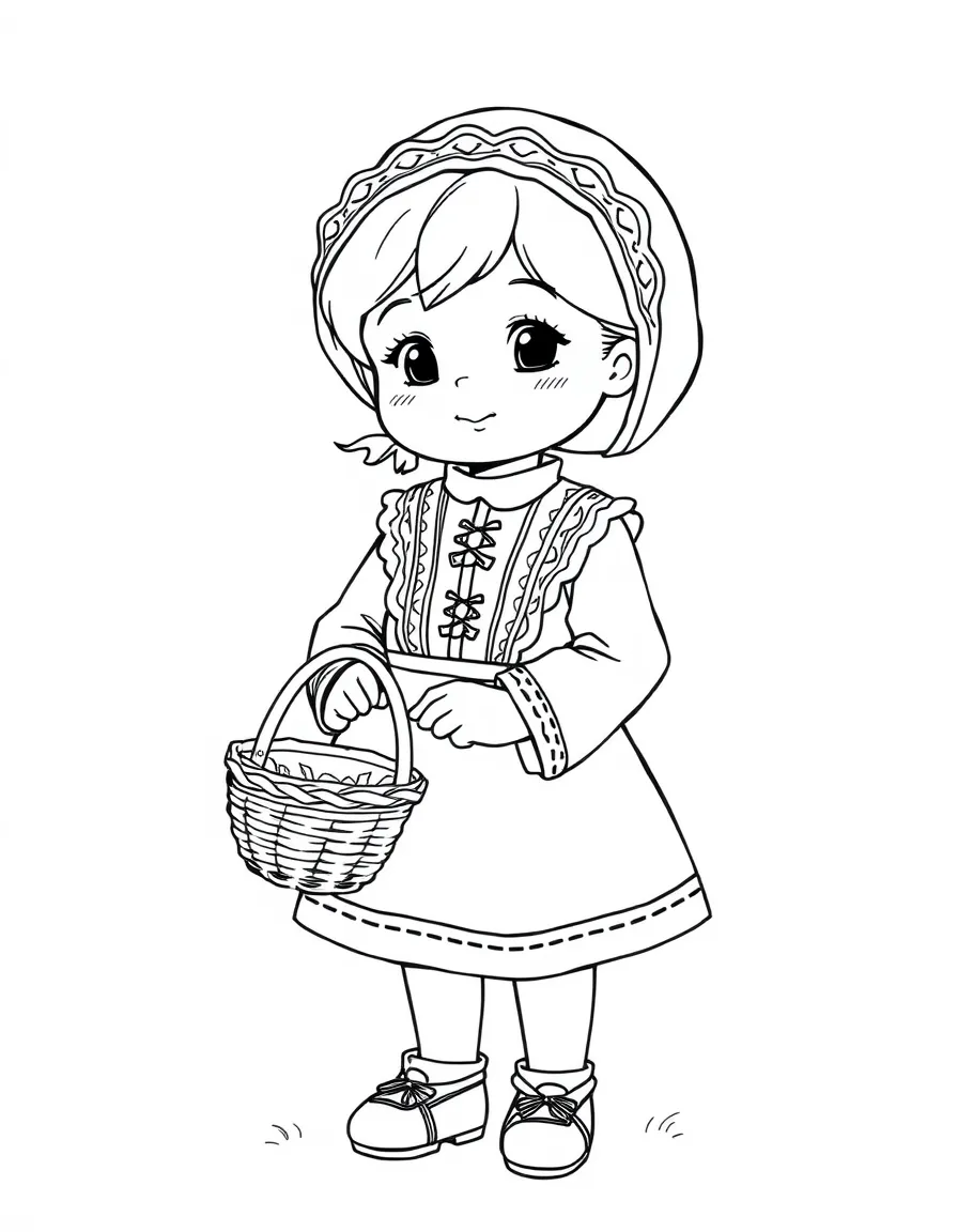 A Russian child in a simple red sarafan with white trim, holding a small basket.