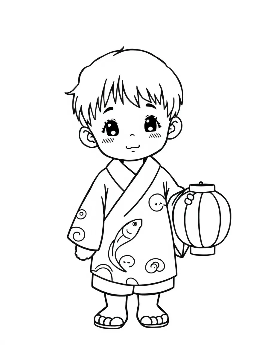 A Japanese child in a blue yukata with a simple fish pattern, holding a paper lantern.