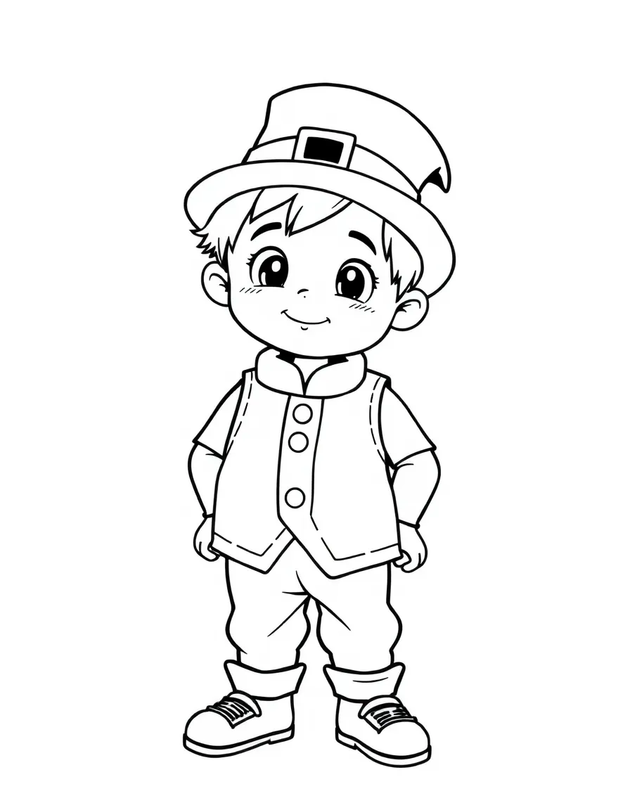 An Irish child in a simple green vest and trousers, with a small leprechaun toy.