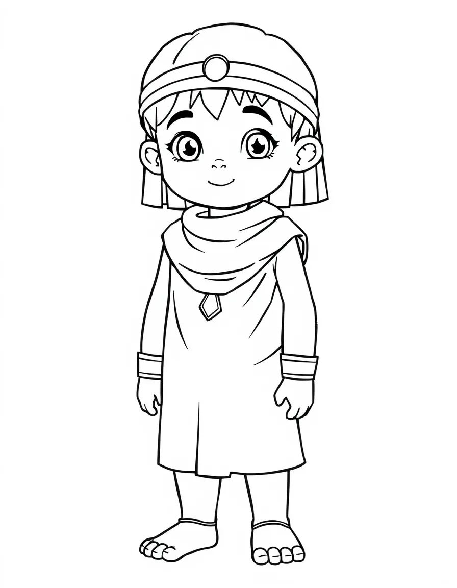 An Egyptian child in a plain white tunic, with a gold arm cuff.