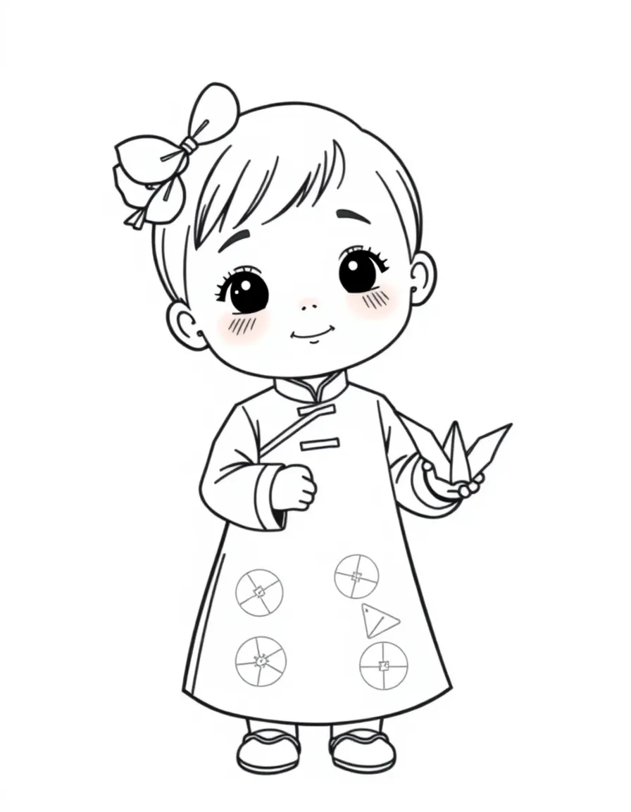 A Vietnamese child in a simple pink ao dai, holding a small paper crane.