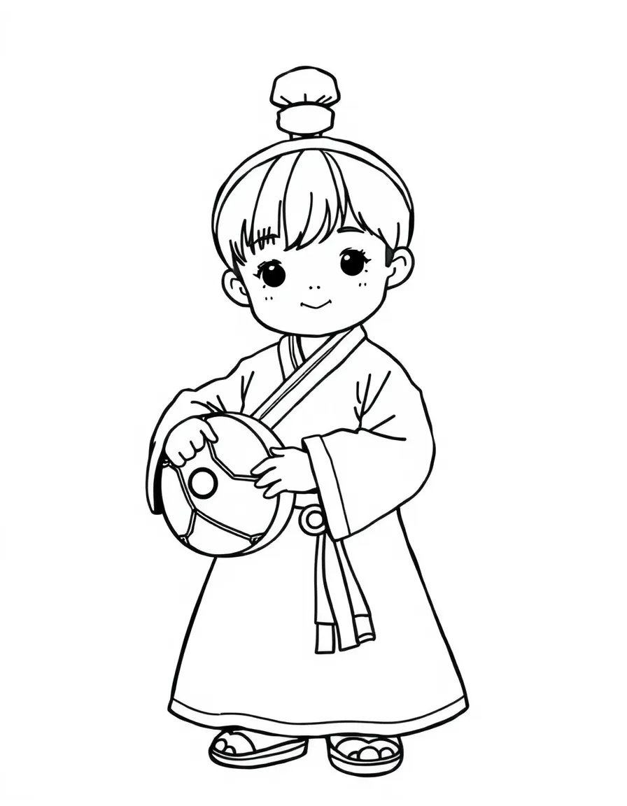 A Korean child in a simple light blue hanbok, with a small hand drum.