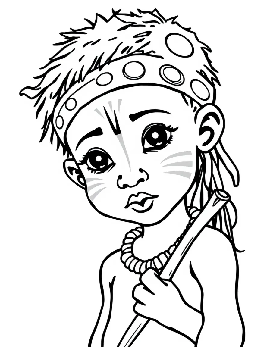An Australian Aboriginal child with simple white lines on their face, holding a small stick.