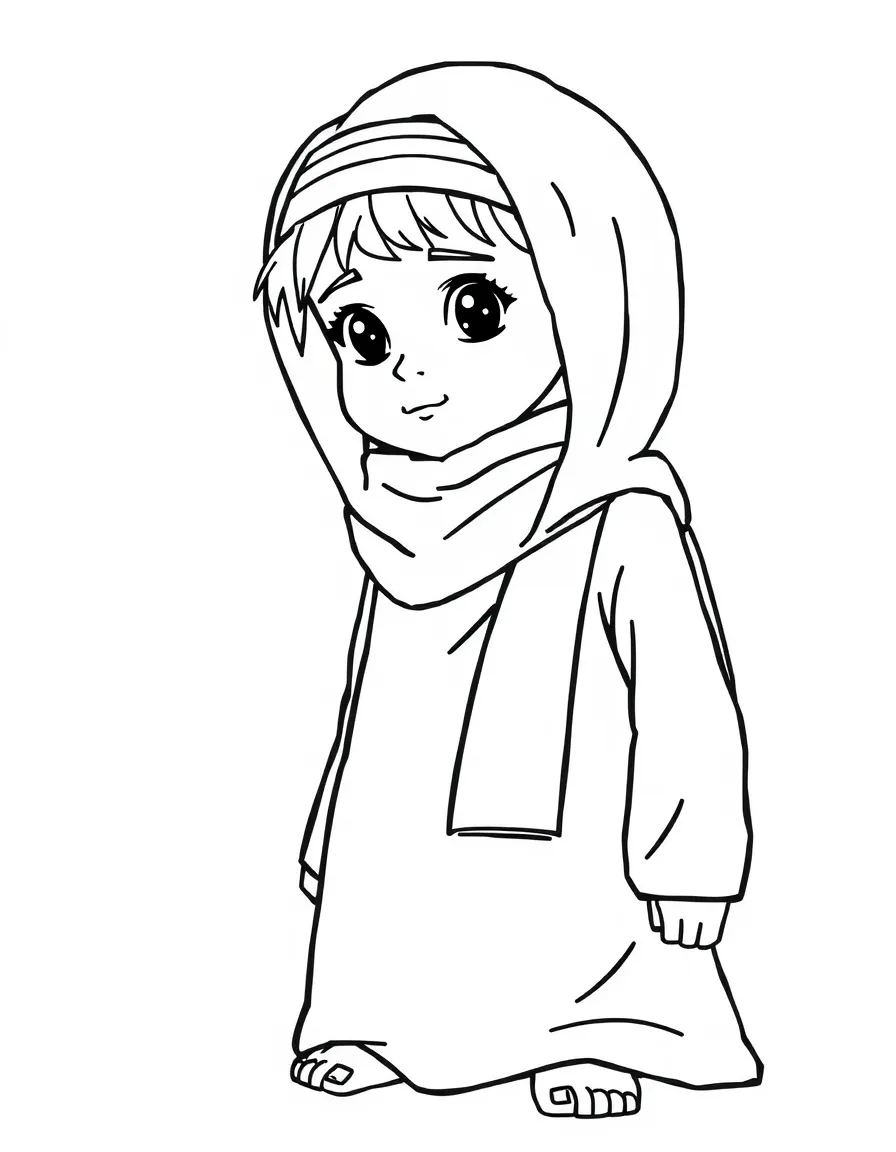 A Bedouin child in a plain black abaya, with a simple patterned scarf.