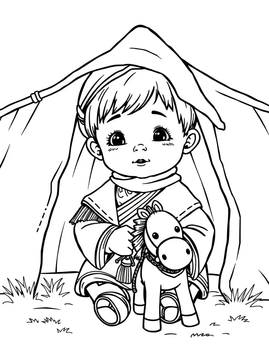 A Mongolian child in a simple brown deel, with a small toy horse.