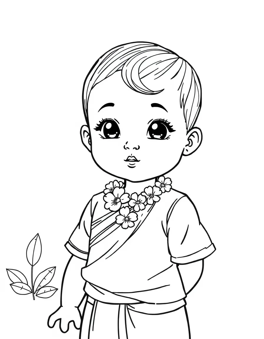 A Thai child in a simple golden top, with a small flower garland.