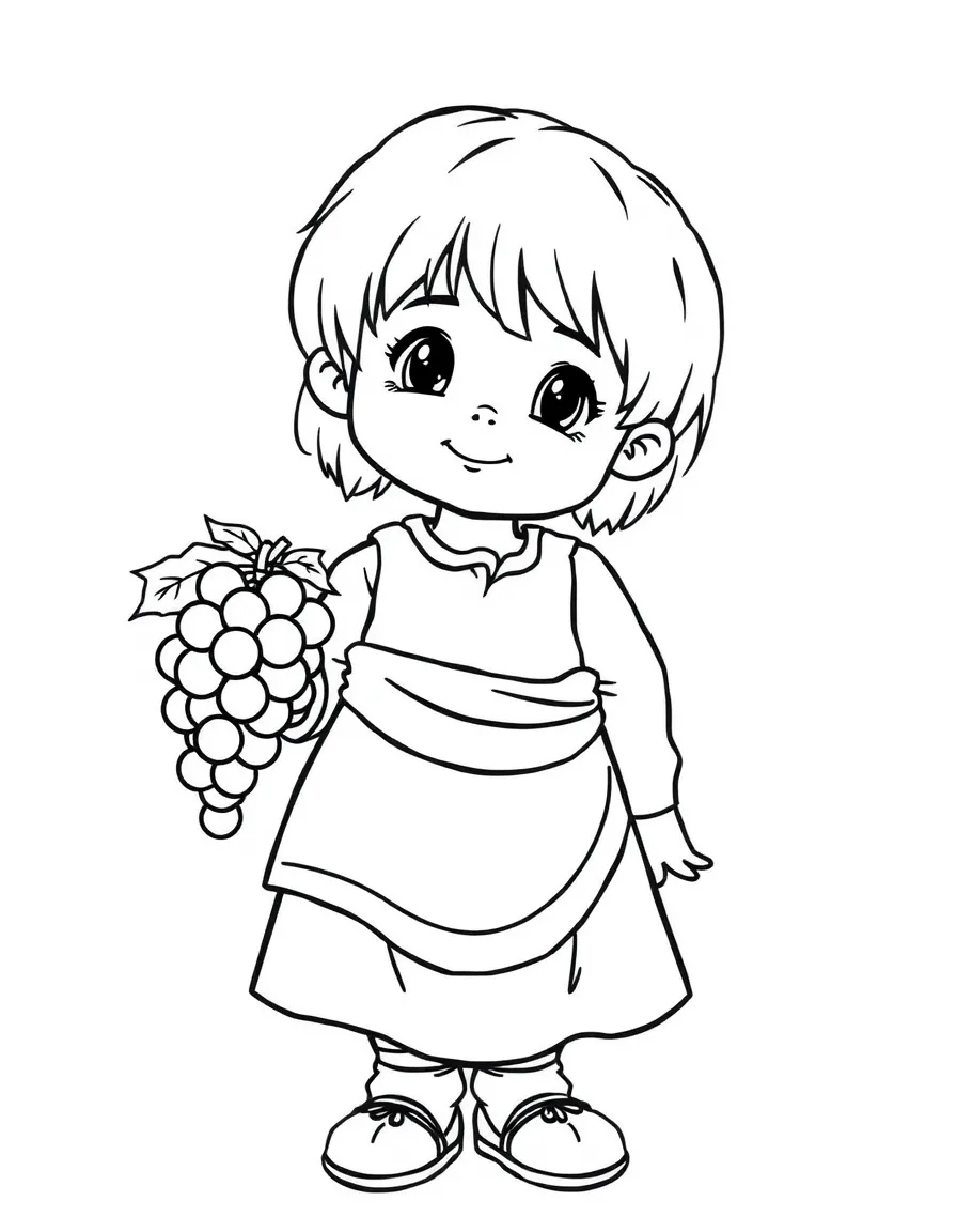 An Italian child in a simple white dress with a red sash, holding a small grape cluster.