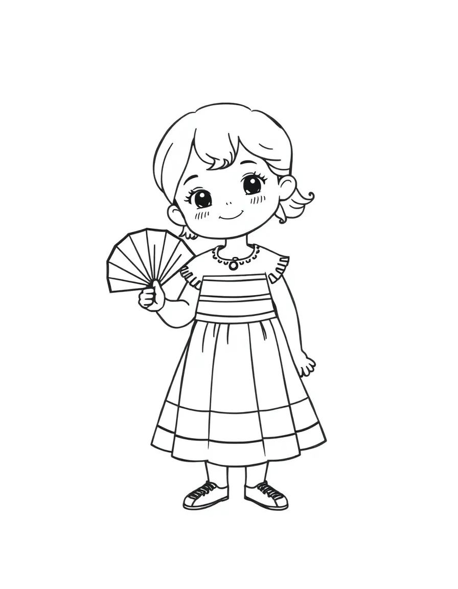 A Spanish child in a simple red and yellow striped dress, with a small fan.