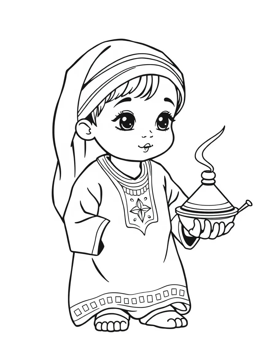 A Moroccan child in a simple green djellaba, with a small tagine.