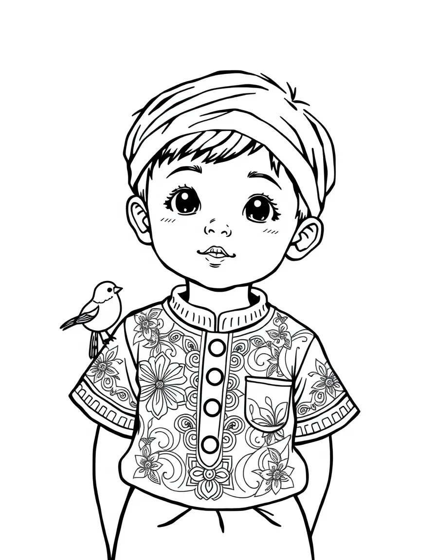 An Indonesian child in a simple batik shirt, with a small bird.