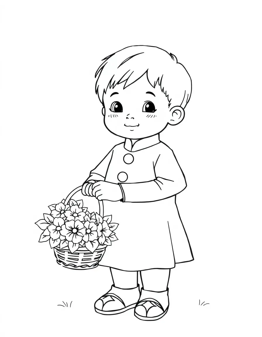 A Filipino child in a simple white barong Tagalog, with a small basket of flowers.
