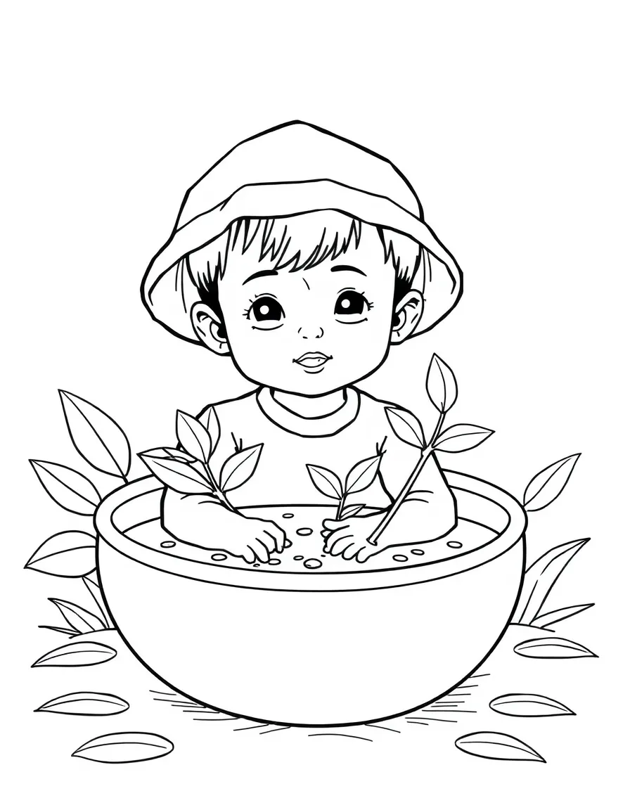A Cambodian child in a simple orange sampot, with a small plant.