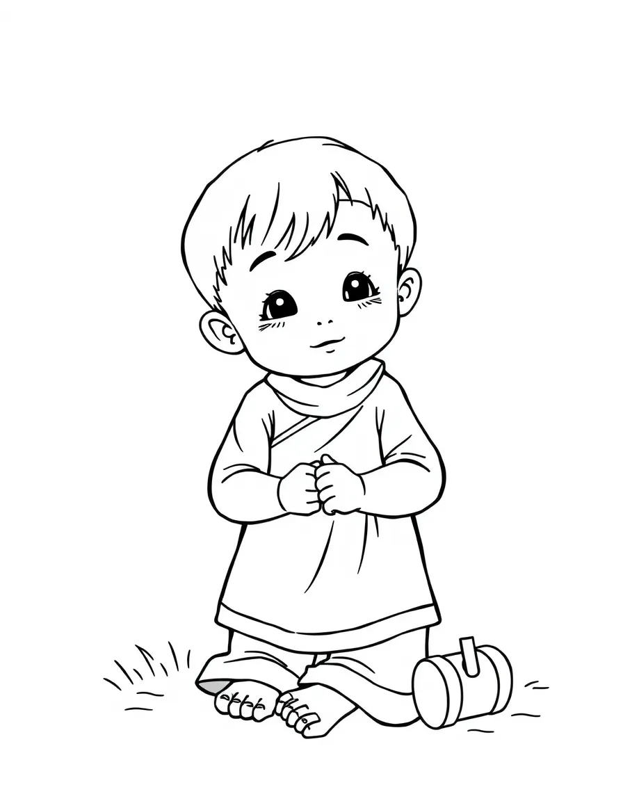 A Laotian child in a simple red sinh, with a small wooden toy.