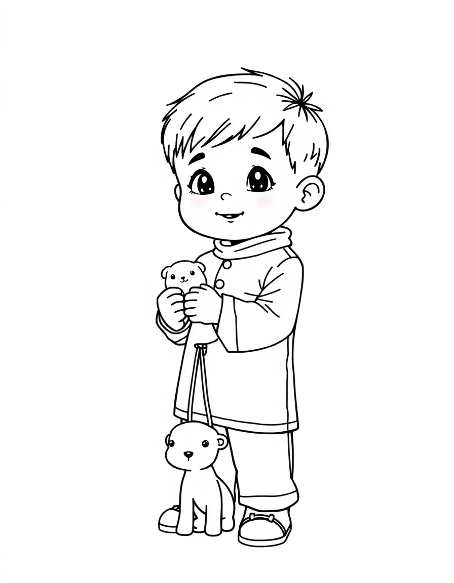 A Malaysian child in a simple blue baju kurung, with a small toy animal.