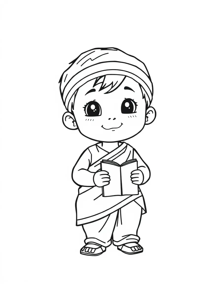 A Bangladeshi child in a simple green panjabi, with a small book.