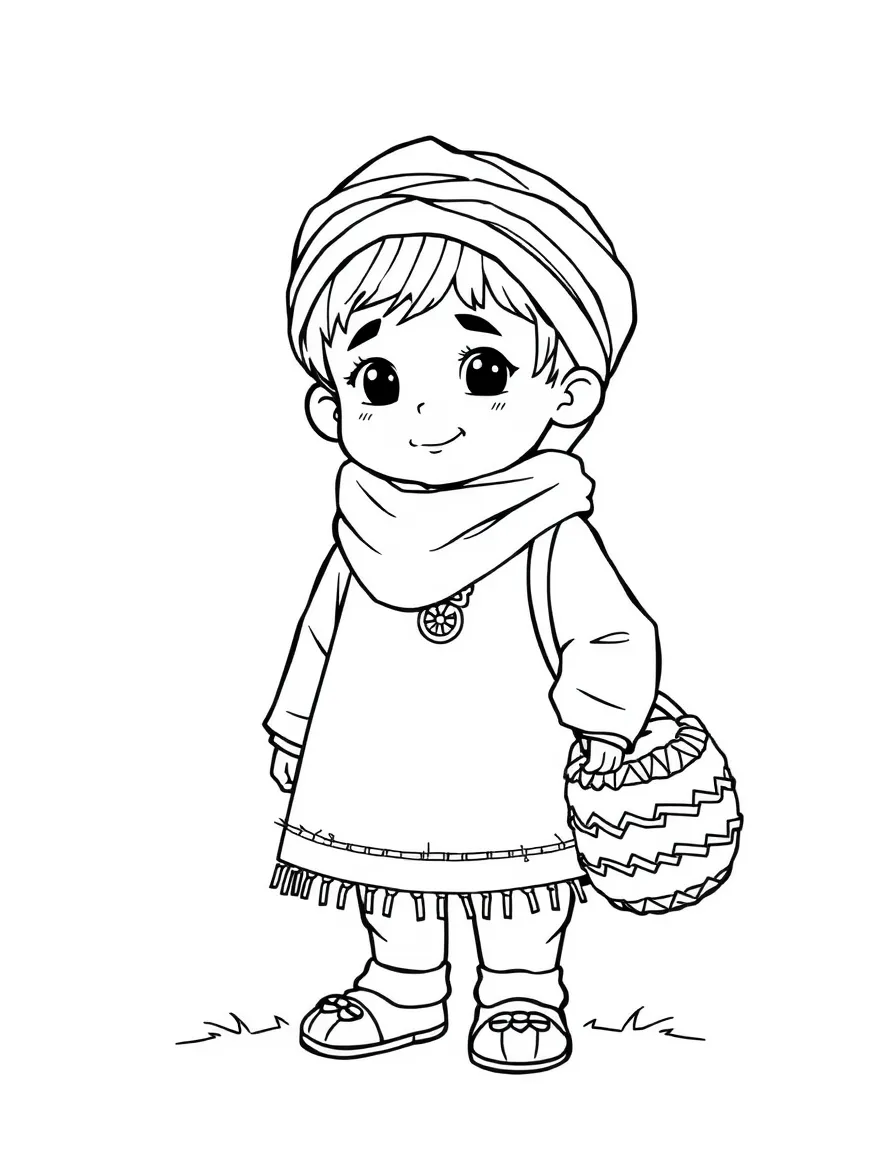 An Afghan child in a simple brown perahan tunban, with a small woven bag.