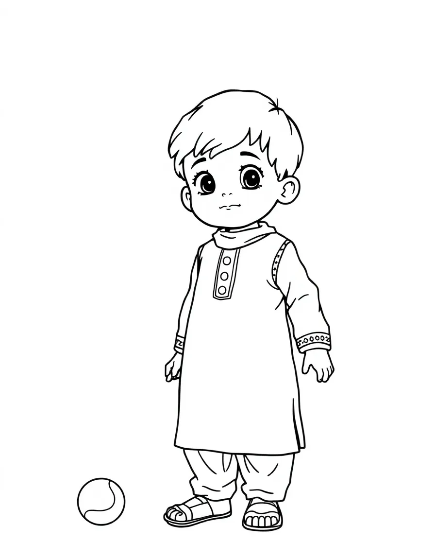 A Pakistani child in a simple white shalwar kameez, with a small ball.