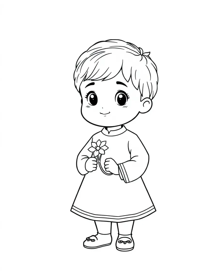 An Iranian child in a simple green traditional dress, with a small flower.