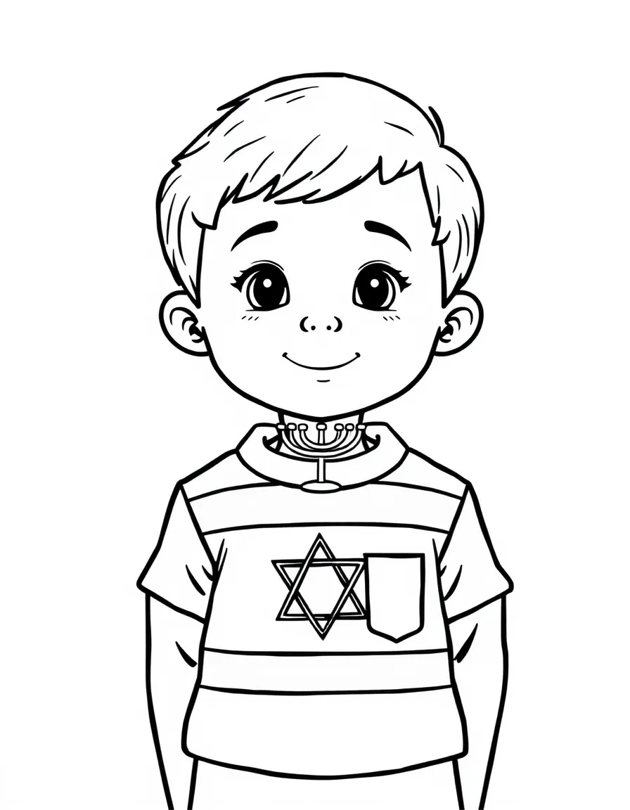 An Israeli child in a simple blue and white shirt, with a small menorah.