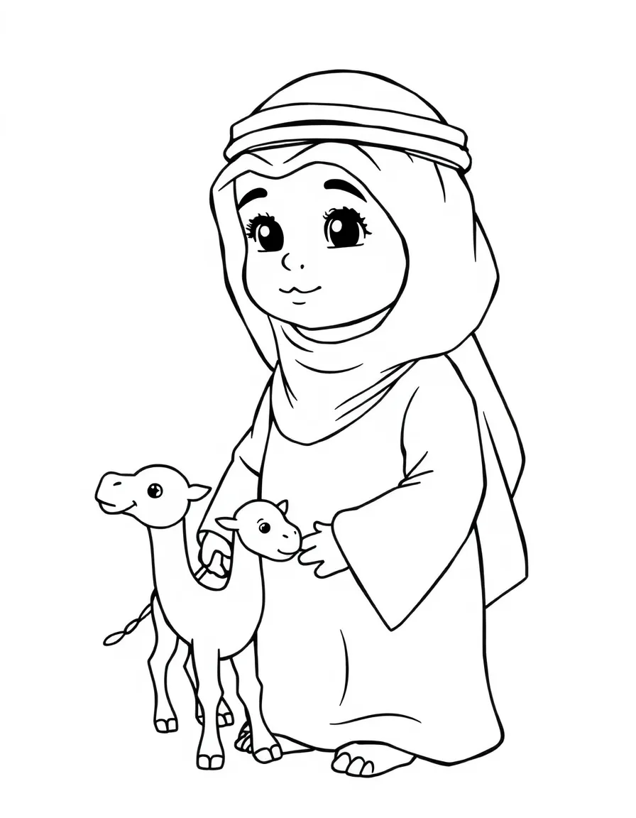 A Saudi Arabian child in a simple white thobe, with a small toy camel.