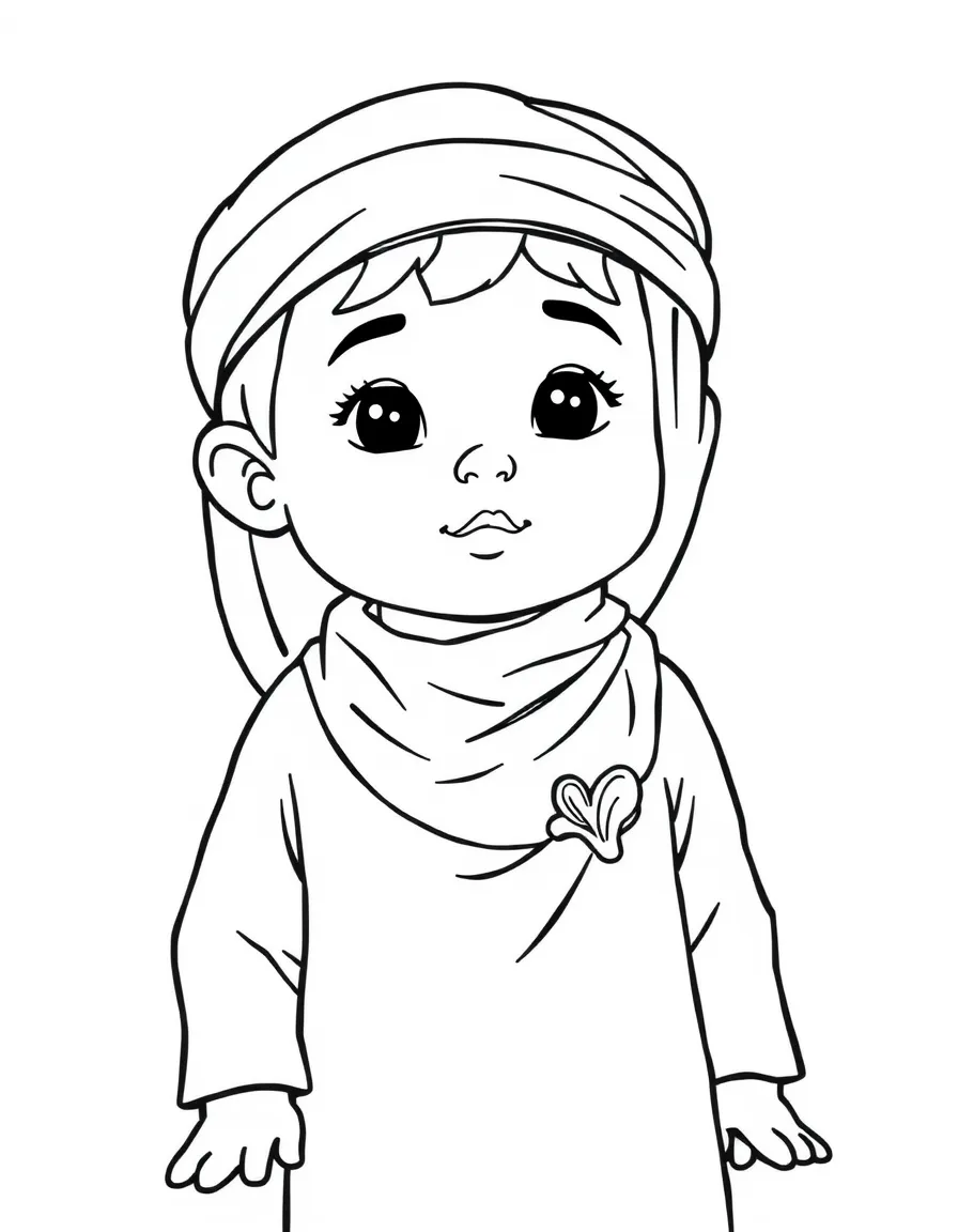 An Omani child in a simple grey dishdasha, with a small seashell.