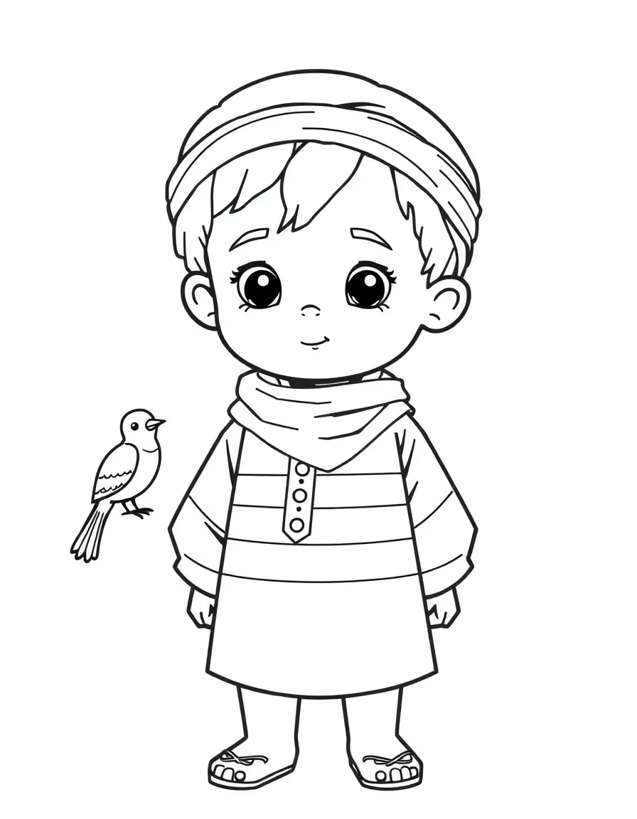 A Yemeni child in a simple striped traditional shirt, with a small bird.