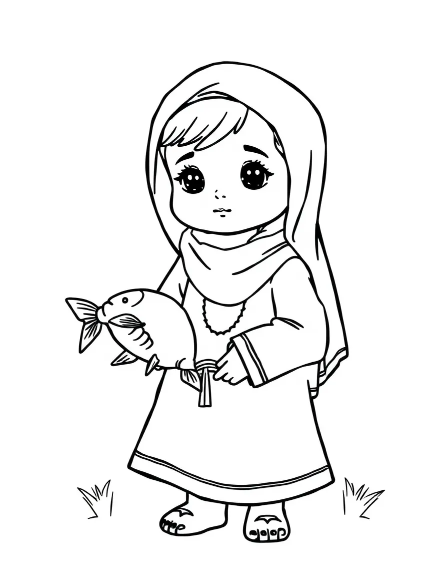 An Iraqi child in a simple blue traditional dress, with a small toy fish.