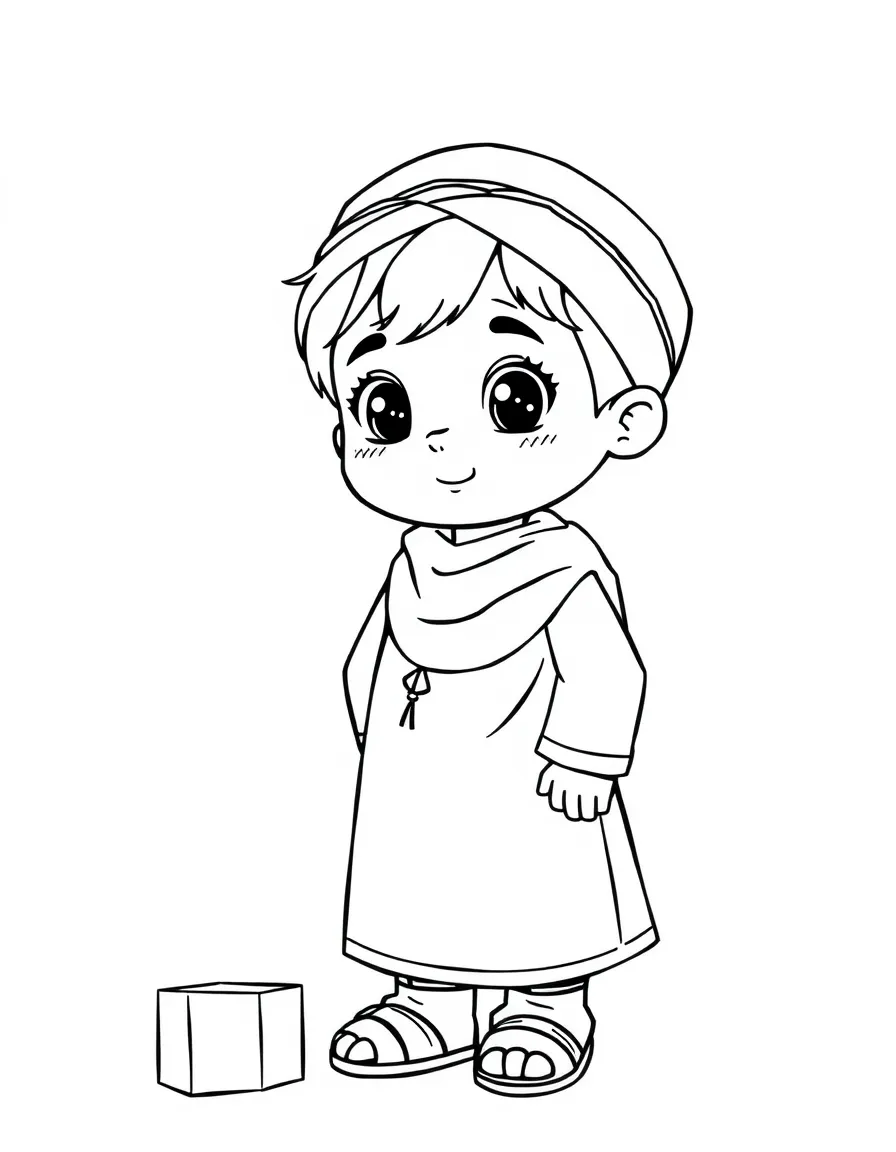 A Syrian child in a simple red traditional outfit, with a small building block.