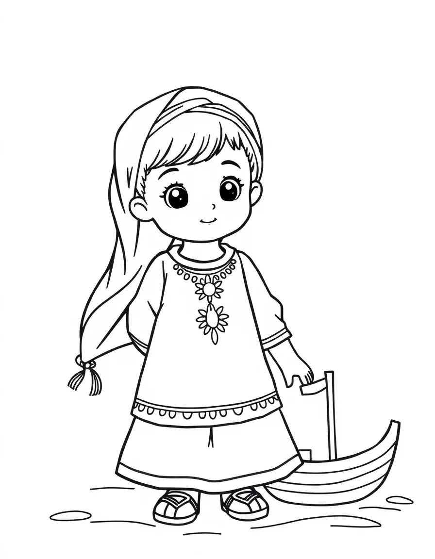 A Lebanese child in a simple green traditional dress, with a small toy boat.
