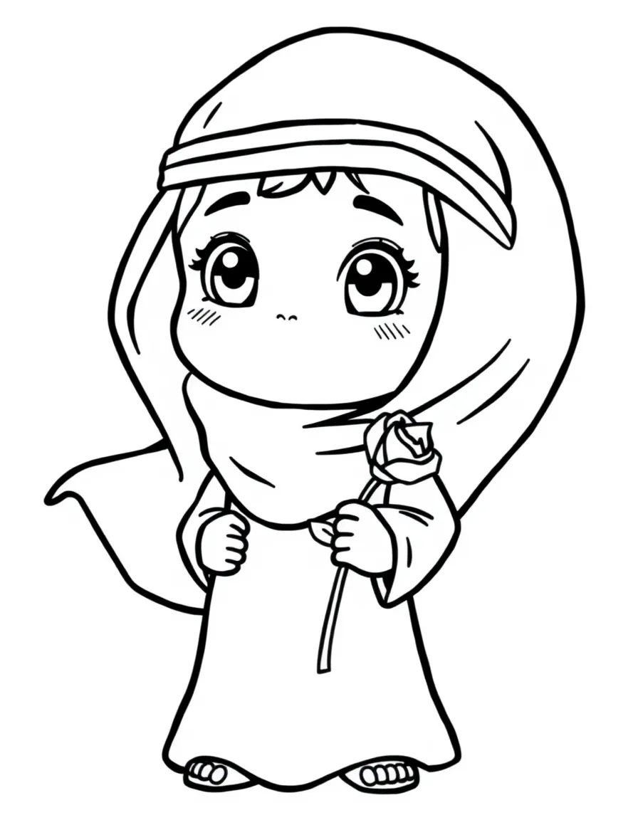 A Jordanian child in a simple black thobe, with a small desert rose.
