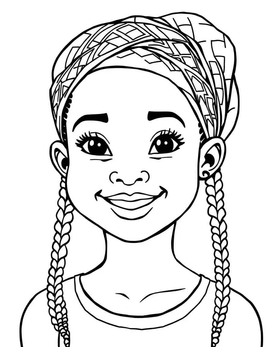 A smiling African girl with cornrows, wearing a simple patterned head wrap.
