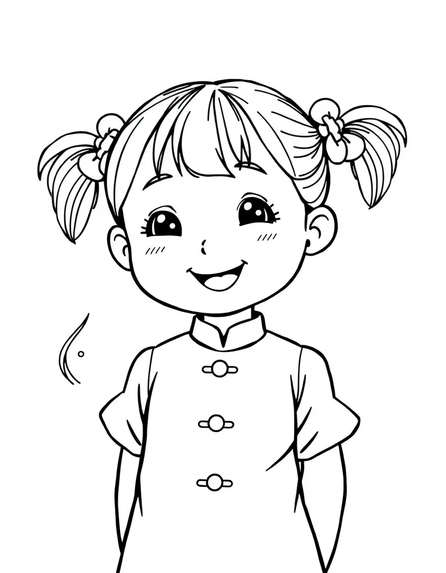 A cheerful Chinese girl with pigtails, wearing a simple red silk tunic.