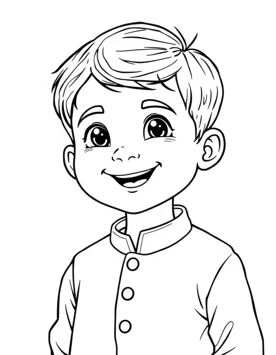 A joyful Indian boy with short hair, wearing a plain white kurta.