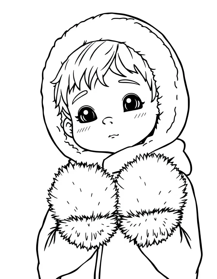 An Inuit boy with a warm hood, wearing simple fur-trimmed mittens.