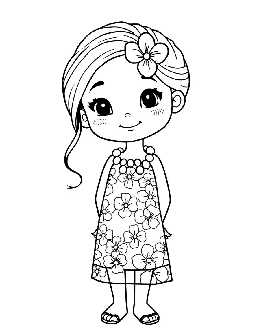 A Hawaiian girl with a single flower in her hair, wearing a simple floral print dress.