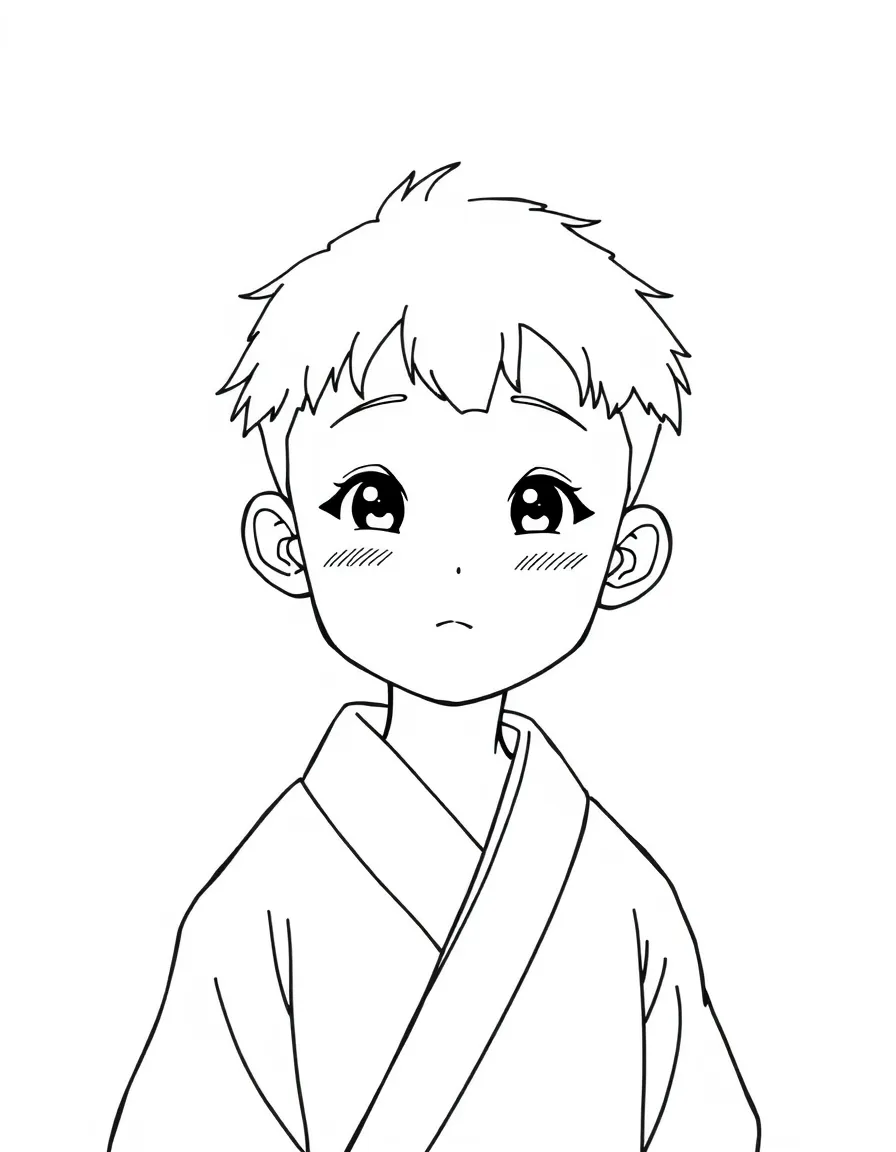 A Japanese boy with a simple haircut, wearing a plain blue yukata.