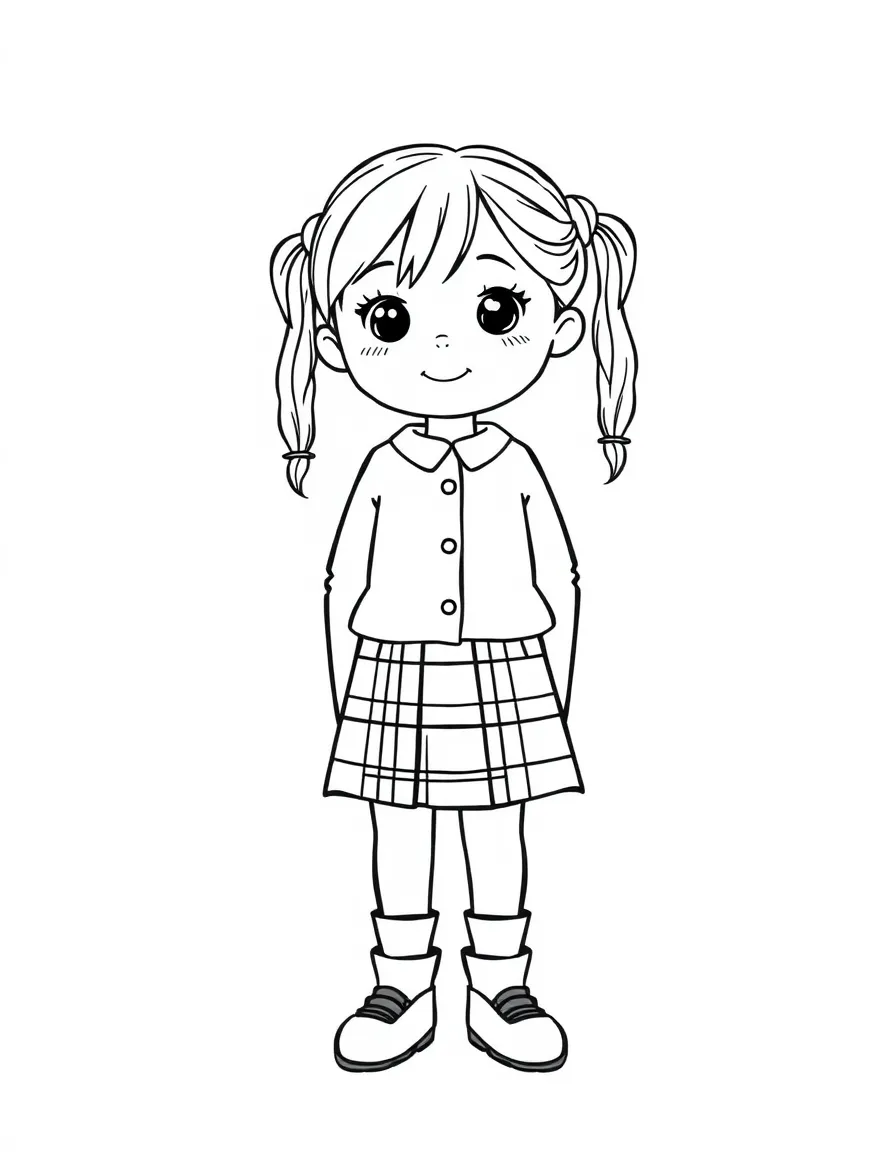 A Scottish girl with simple pigtails, wearing a plain tartan skirt.
