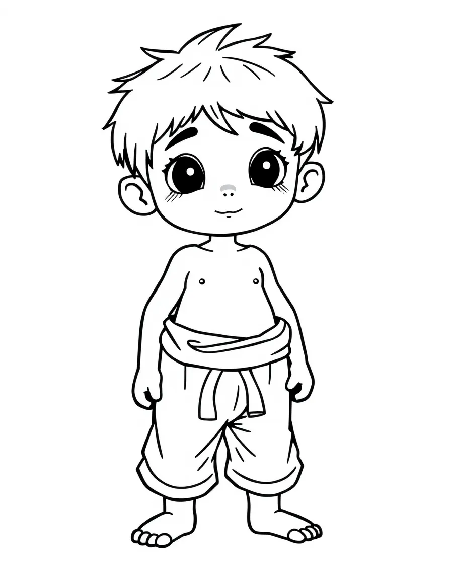 A Brazilian boy with short hair, wearing a simple capoeira pants.